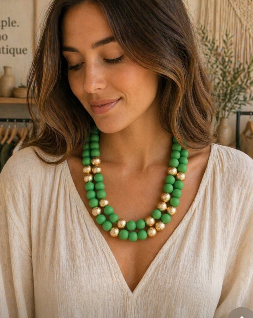 Green Gold Beaded Layered Necklace New